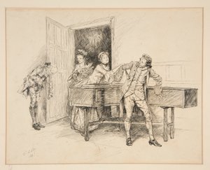 Nan och piano, illustration för Oliver Goldsmith av Edwin Austin Abbey