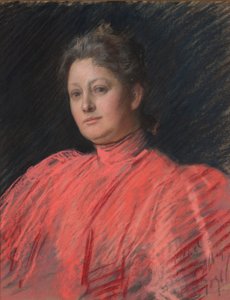 Porträtt av Mrs Abbey i rosa klänning, midjelängd av Edwin Austin Abbey