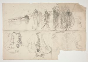 Ark med skisser för väggmålningsserien The Quest of the Holy Grail på Boston Public Library (recto); Oidentifierad skiss (verso) av Edwin Austin Abbey
