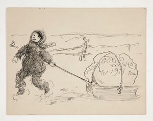 Skiss till ett gratulationskort: ALLA GODA ÖNSKNINGAR FÖR 1911 från av Edwin Austin Abbey