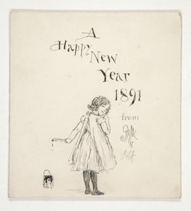 Skiss för ett gratulationskort: Ett gott nytt år 1891 från M.G.A. och E.A.A. av Edwin Austin Abbey