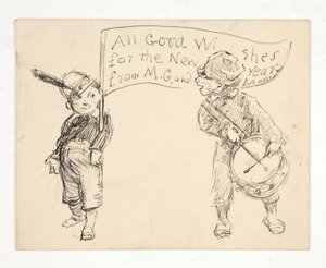 Skiss för ett gratulationskort: Alla goda önskningar för det nya året från M.G. och E.A. Kloster av Edwin Austin Abbey