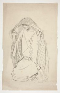 Skiss av en kvinnlig figur i mantel i bön för tre Maria vid korset av Edwin Austin Abbey