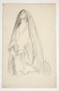 Skiss av en kvinnlig figur i mantel i bön för tre Maria vid korset av Edwin Austin Abbey