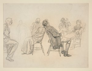 Skiss av ett par som spelar ett spel, omgivna av åskådare, i en interiör (?) - oidentifierad illustration av Edwin Austin Abbey