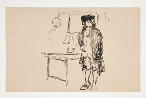 Skiss av en man i revolutionär klänning bredvid ett bord av Edwin Austin Abbey