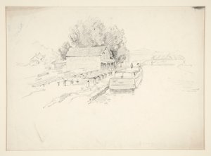 Skiss av en brygga, med fiskebåt och hamnbutik av Edwin Austin Abbey