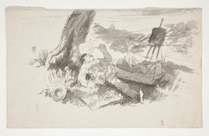 Skiss av en friluftsmålare som tar en tupplur under ett träd - oidentifierad illustration av Edwin Austin Abbey