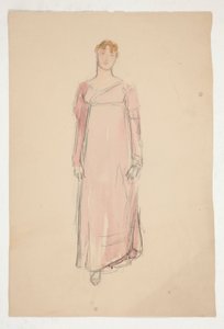 Skiss av en kvinna i rosa - kostymstudie för en pjäs? av Edwin Austin Abbey