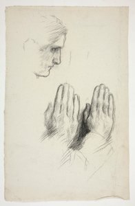 Skiss av en ung man i profil; skiss av två uppsättningar händer i bön av Edwin Austin Abbey