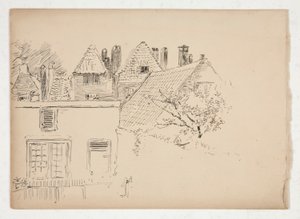 Skiss av en exteriör: byggnader och träd av Edwin Austin Abbey
