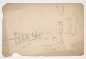 Skiss av en exteriör av ett hus på landet av Edwin Austin Abbey