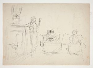 Skiss av en interiör: man som läser högt, kvinnor stickar - oidentifierad illustration av Edwin Austin Abbey