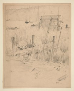 Skiss av en gammal brygga, med ogräs som växer upp runt den av Edwin Austin Abbey