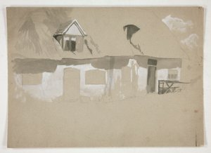 Skiss av exteriör av en stuga av Edwin Austin Abbey