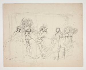 Skiss av figurer runt ett bord - oidentifierad illustration för en pjäs (?) av Edwin Austin Abbey