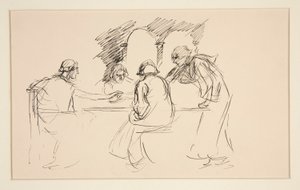 Skiss av fyra män i medeltida klänning vid ett bord - oidentifierad illustration, möjligen för av Edwin Austin Abbey