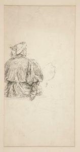 Studie av ryggen på en sittande man i 1500-talsdräkt, för en Shakespearescen. av Edwin Austin Abbey