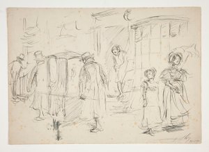 Studie av gatascen med sedanstol. av Edwin Austin Abbey
