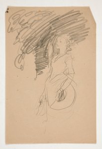 Studie av kvinna i kostym från 1800-talet som håller sin hatt av Edwin Austin Abbey