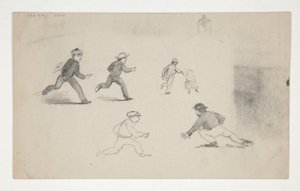 Tre studier (män med hästar, studie av huvud) (recto); Sex studier av löpande figurer, studie av ett klocktorn (verso) av Edwin Austin Abbey