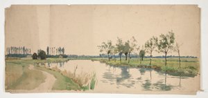 Träd som kantar en flodstrand av Edwin Austin Abbey