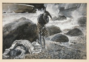 Trinculo och Caliban, illustration för akt II, Scene II, Stormen av Edwin Austin Abbey