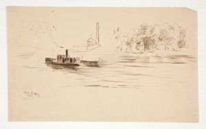 Bogserbåt som skjuter pråm på floden av Edwin Austin Abbey