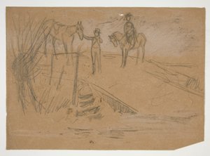Två män och två hästar i ett landskap - oidentifierad illustration av Edwin Austin Abbey