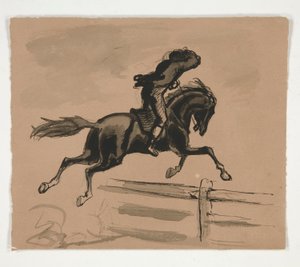 Oidentifierad illustration av en ryttare som hoppar ett staket (recto); Figurstudie av en gammal man (verso) av Edwin Austin Abbey