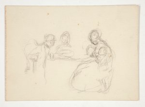 Oidentifierad illustration - Studie av figurer vid ett bord. Sittande man på baksidan. av Edwin Austin Abbey