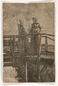 Trästick utan titel av E.A. Kloster (?) av två damer på en träspång - illustration för William Black av Edwin Austin Abbey