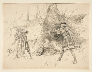 Valentine räddar Sylvia, från Akt V, Scene IV, Two Gentlemen of Verona av Edwin Austin Abbey