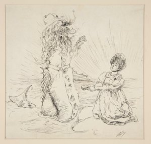 Kvinna och orm på stranden, skiss för The Lay of the Lobster av Edwin Austin Abbey