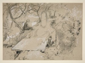Kvinna som sitter på bänken i en trädgård eller offentlig park - oidentifierad illustration av Edwin Austin Abbey