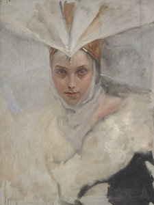 Kvinna med fiskgjusehuvudbonad och vit pälskrage, 1897 av Edwin Austin Abbey
