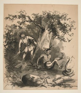 Skogsscen av en jägare, en indier och en orm - oidentifierad illustration av Edwin Austin Abbey