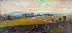 Amerikanska inbördeskriget 1861-1865: Slaget vid Gettysburg 1-3 juli 1863. USA:s tyngsta offer i kriget. "Sista ställningen för Army of Virginia, under befäl av general Lee". Olja. Edwin Forbes (1839-1895) amerikansk konstnär. Militärt artilleri
