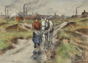 Leading the Barge Pony (akvarell med pastell på papper)