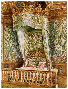 Förgylld stat säng av Marie Antoinette, Queens Bedroom, Palace of Fontainebleau, Frankrike, 1911-1912.