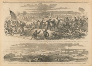 Slaget vid Antietam--Burnsides division, vänstra flygeln--Brilliant och avgörande, bajonettanfall av Hawkins zouaver, överste Kimball, mot rebellbatteriet på kullen, högra stranden av Antietam Creek, nära Sharpsburg, på eftermiddagen den 17 september--Utte av Edwin Forbes