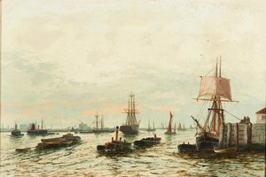 Pråmar på Themsen (olja på duk) av Edwin Henry Eugene Fletcher