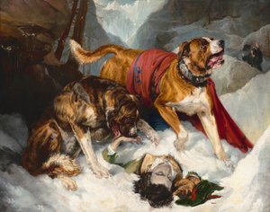 Alpine Mastiffs reanimating a distressed traveller, 1820.