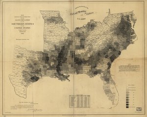 Karta som visar fördelningen av slavbefolkningen i USA:s södra stater, sammanställd från folkräkningen 1860 av Edwin Hergesheimer