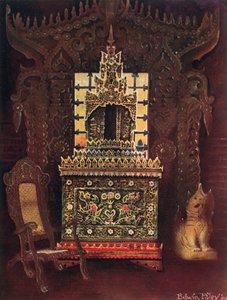 Asiatiska möbler från samlingen av Lord Curzon från Kedleston, G.C.S.I., D.C.L., etc. Burmesiska snidade och förgyllda dörröppningar från Mandalay. Buddhistisk manuskriptlåda (Poongyi) och helgedom (Sadaik) av trä E