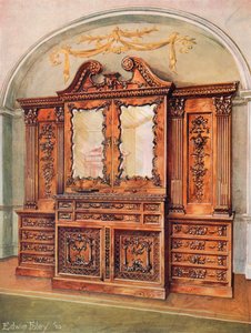 Snidad innesluten bokhylla i mahogny--stil av Chippendale--franskt inflytande av Edwin John Foley