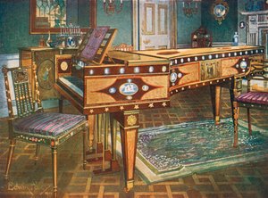 Dekorativa möbler från slutet av 1700-talet. Satinwood och Mahogny Inlaid Pianoforte, med Wedgwood Plaques, Ormolu Mounts, Panel and Stars, Presenterad av Manuel Godoy till drottningen av Spanien 1796.