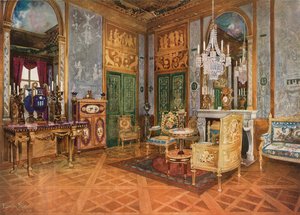 Salon de Musique för drottning Marie Antoinette, slottet Fontainebleau, Frankrike. Snidad och förgylld konsol. Förgylld soffa i Beauvais-tapeter. Bord med ormoluinfästning och Sevres-plaketter. Marqueterie-stuga av Edwin John Foley