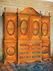 Satinwood garderob, inlagd med tulpanved, harved, järnek, ebenholts, mahogny och andra träslag