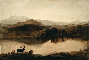 Skiss för "The Challenge" (tvätt på papper) av Edwin Landseer